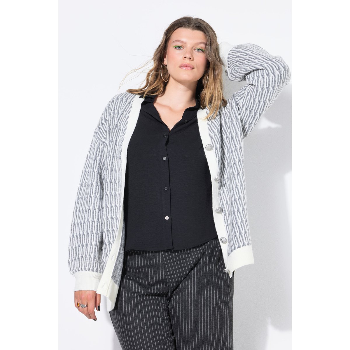 Cardigan oversize, maille torsadée gris chiné, STUDIO UNTOLD