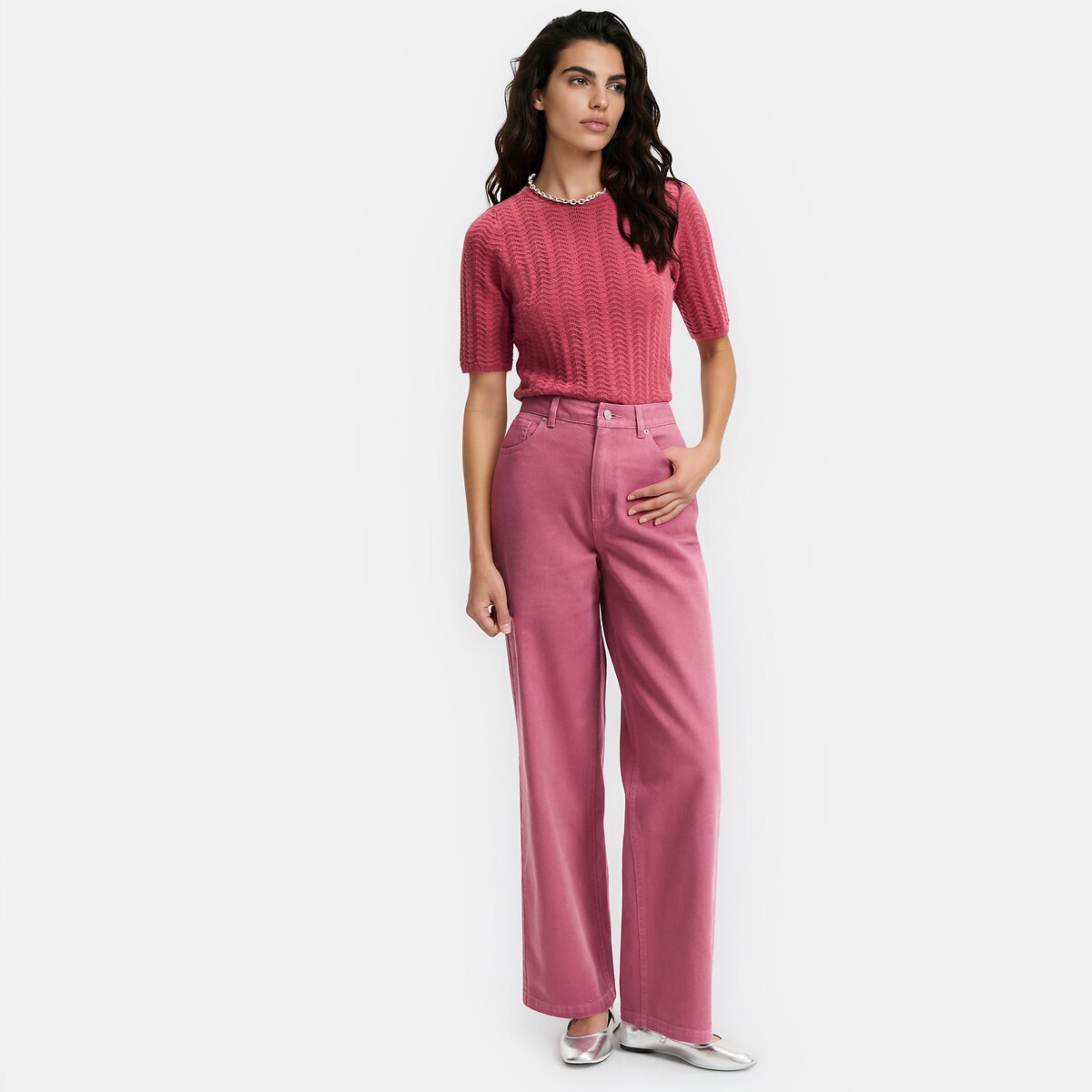Pantalon large en coton bois de rose, LA REDOUTE COLLECTIONS