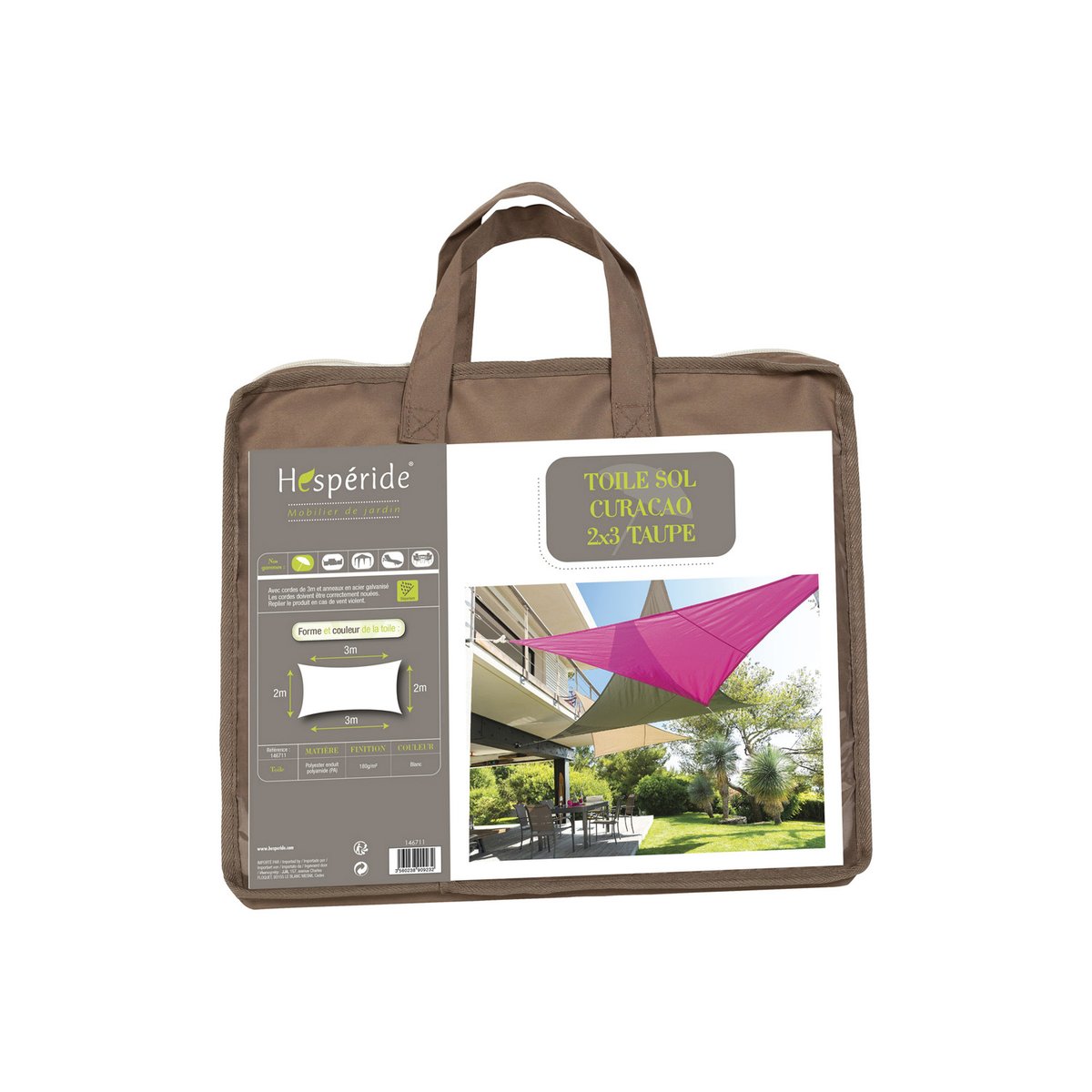 Voile d'ombrage rectangulaire 3x2m déperlante CURACAO taupe, HESPERIDE