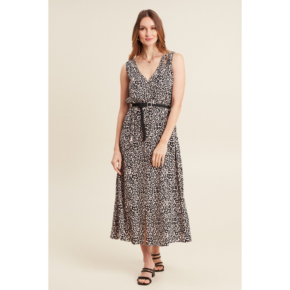Robe midi évasée ceinturée rose pastel, BREAL