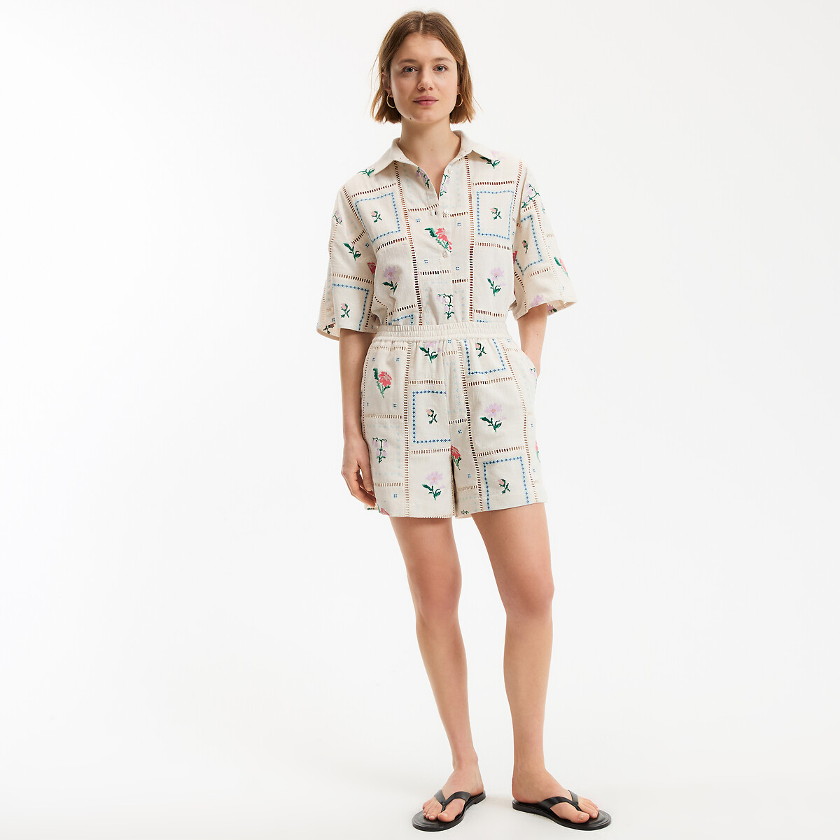 Short brodé floral à taille élastiquée beige naturel, LA REDOUTE COLLECTIONS