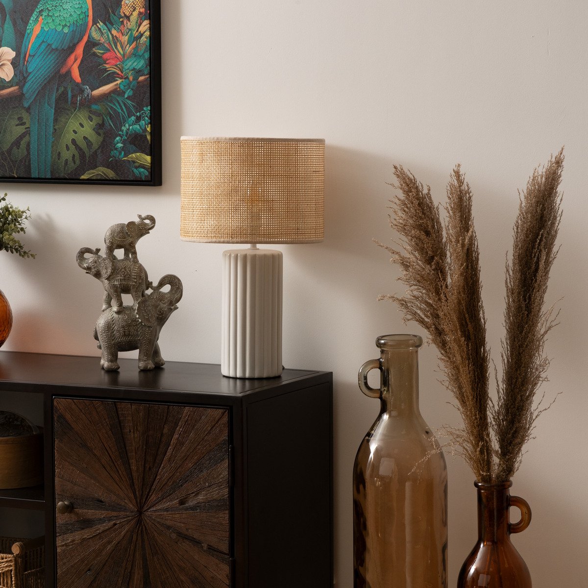 Lampe à poser en céramique abat-jour en rotin ajouré TYLIA blanc, ATMOSPHERA