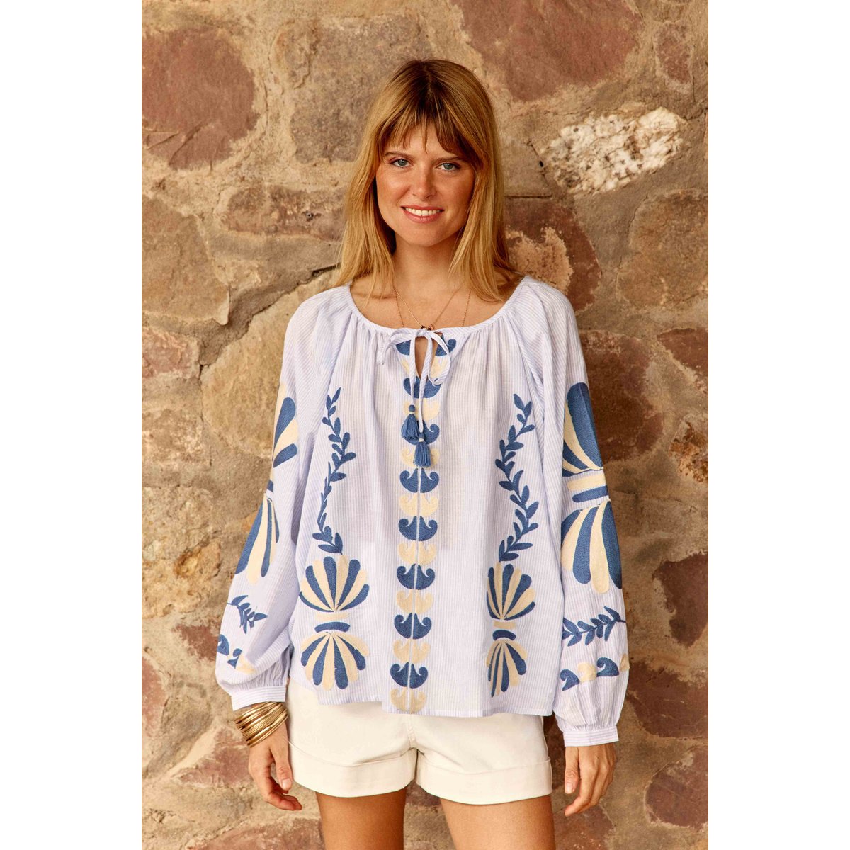 Blouse manches longues col rond imprimé broderie BIHA 20-ecru/bleu, LA PETITE ETOILE