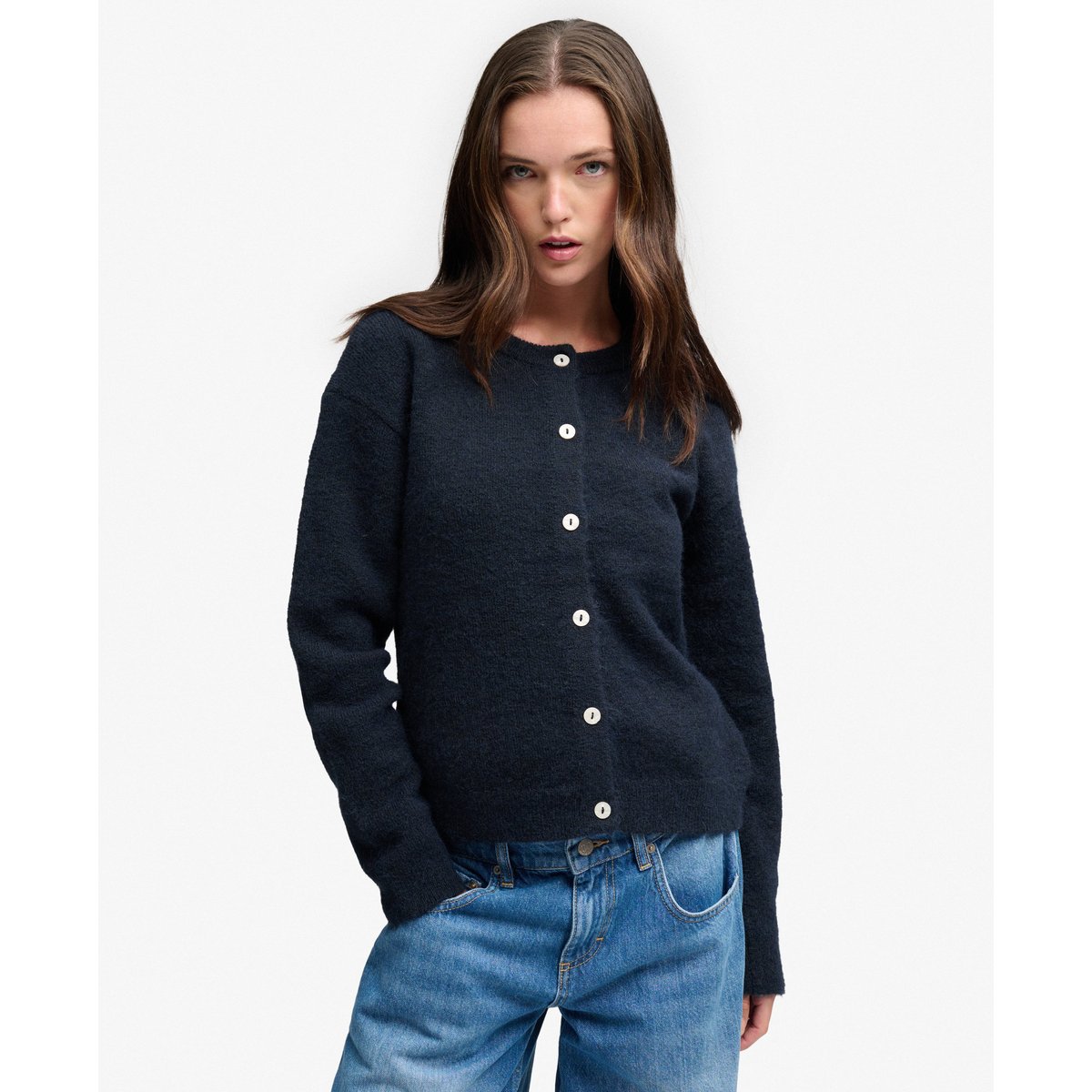 Cardigan en Maille Brossée Coupe Décontractée bleu marine éclipse, SUPERDRY
