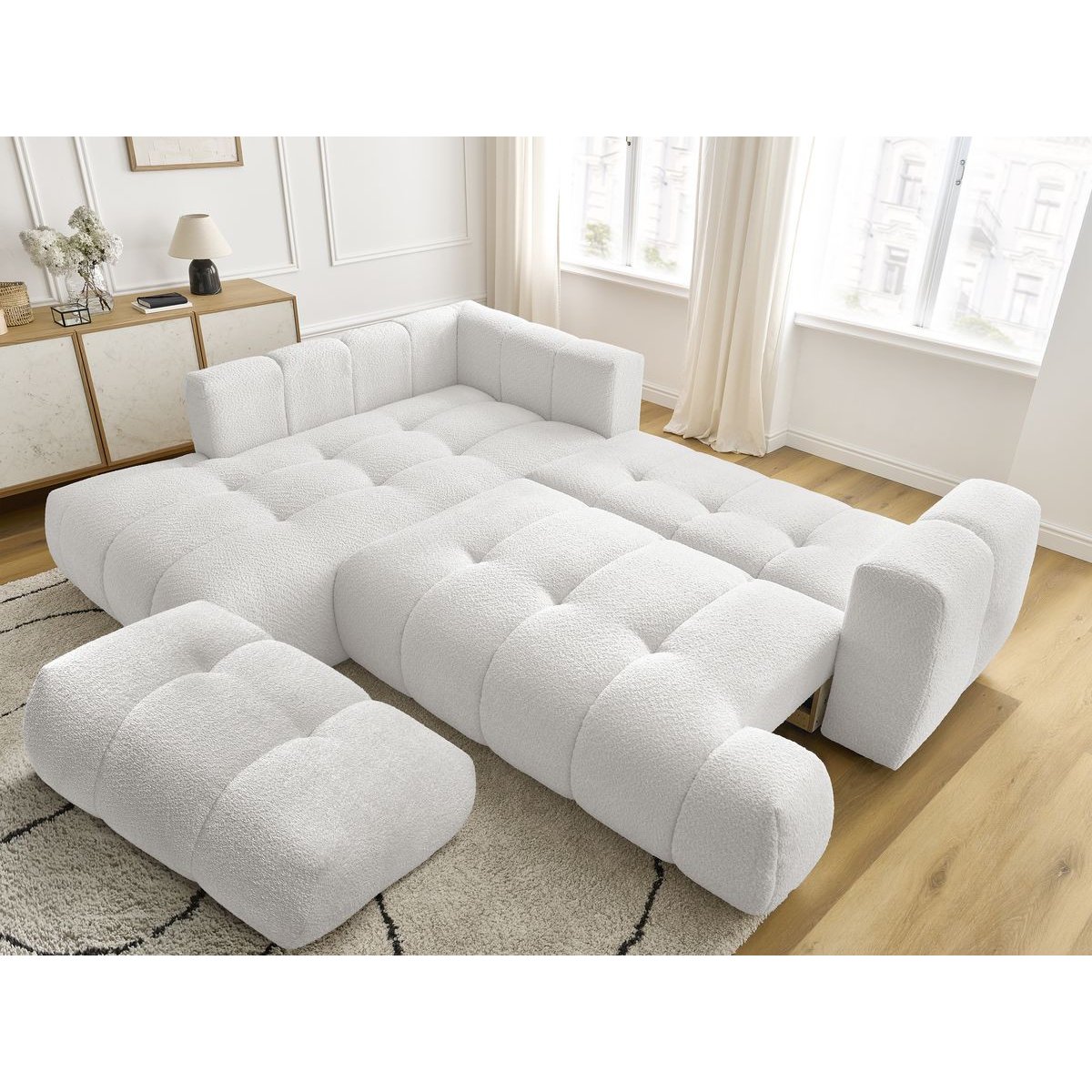 Canapé d'angle convertible 4 places en tissu bouclette avec pouf, FUJI blanc, BOBOCHIC