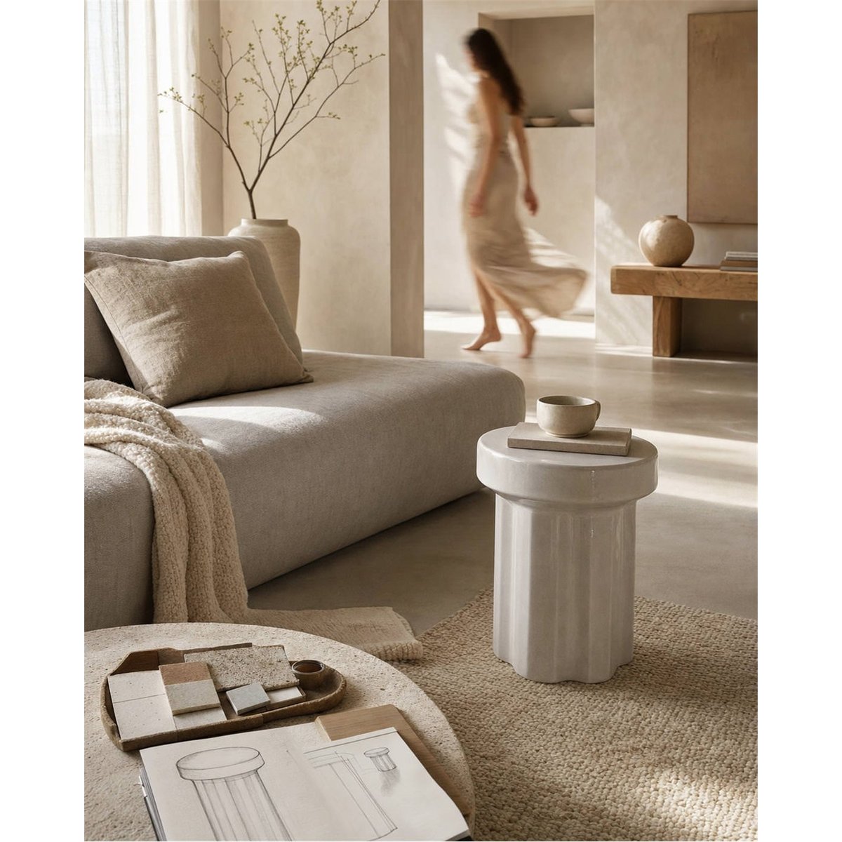 Tabouret céramique cannelé sculptural blanc, RECOLLECTION