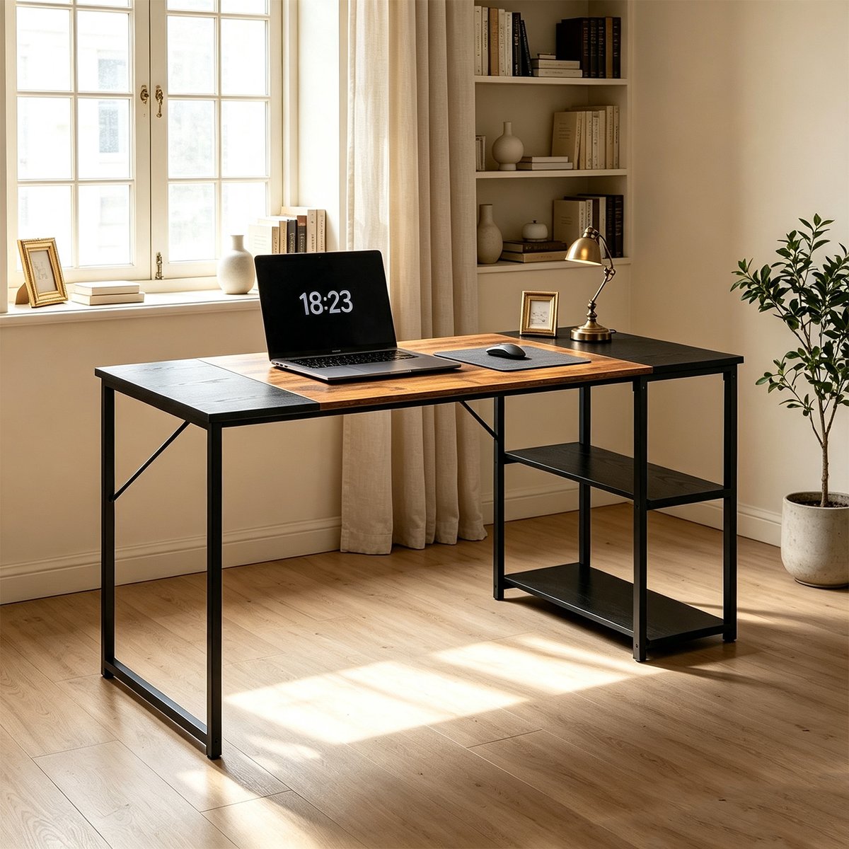 Bureau 140cm avec 2 étagères réversibles style industriel, DEMBE noir, MEUBLES COSY