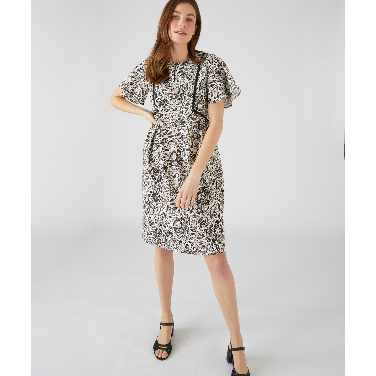 Robe imprimée en lin mélangé noir blanc fleuri, DAMART