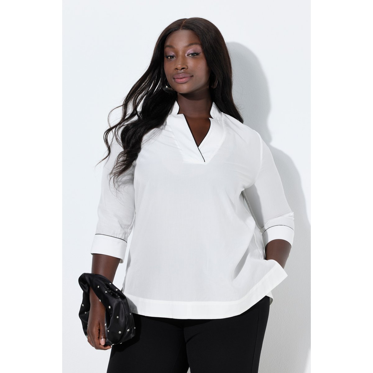 Blouse en Lyocell, élégants passepoils blanc neige, ULLA POPKEN