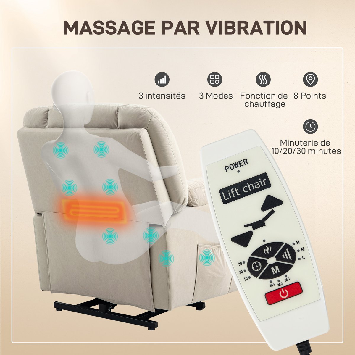 Fauteuil releveur multifonctionnel Velours beige, HOMCOM