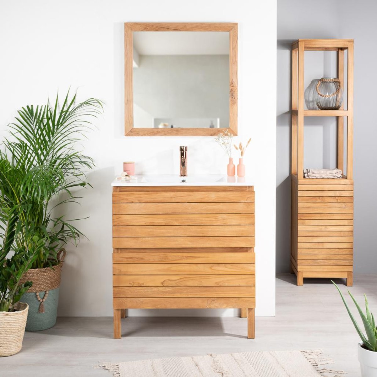 Meuble salle de bain en teck et céramique 80 cm TONI crème, WANDA COLLECTION