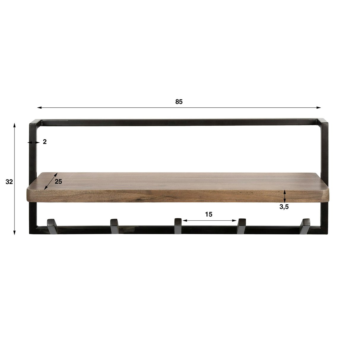 Portemanteau mural 1 étagère bois massif 5 crochets NAKO marron, PIER IMPORT