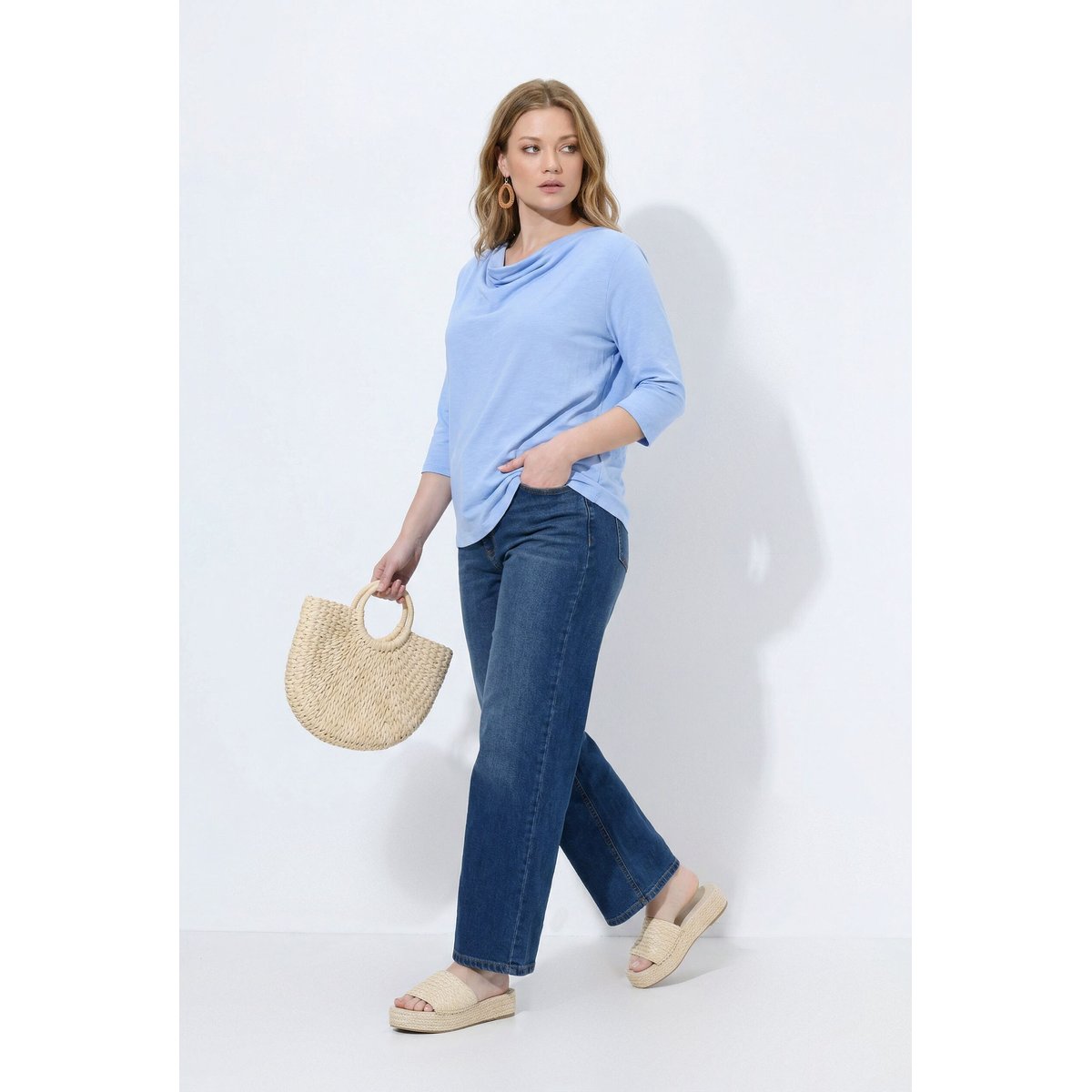 T-shirt col bénitier, manches 3/4, coton bio bleu ciel, ULLA POPKEN