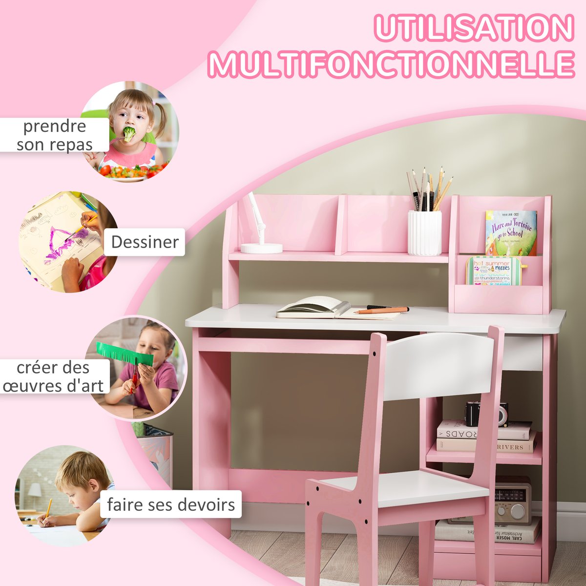 Bureau d'étude pour enfants avec chaise MDF rose et blanc, ZONEKIZ