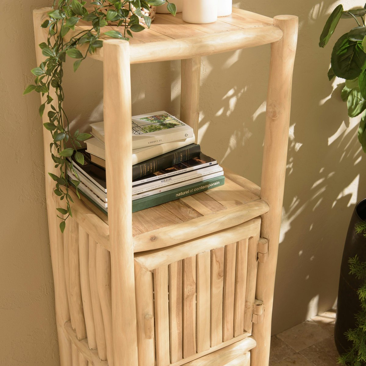 Petite colonne de rangement 3 niveaux rondins teck naturel MANAK bois naturel, PIER IMPORT