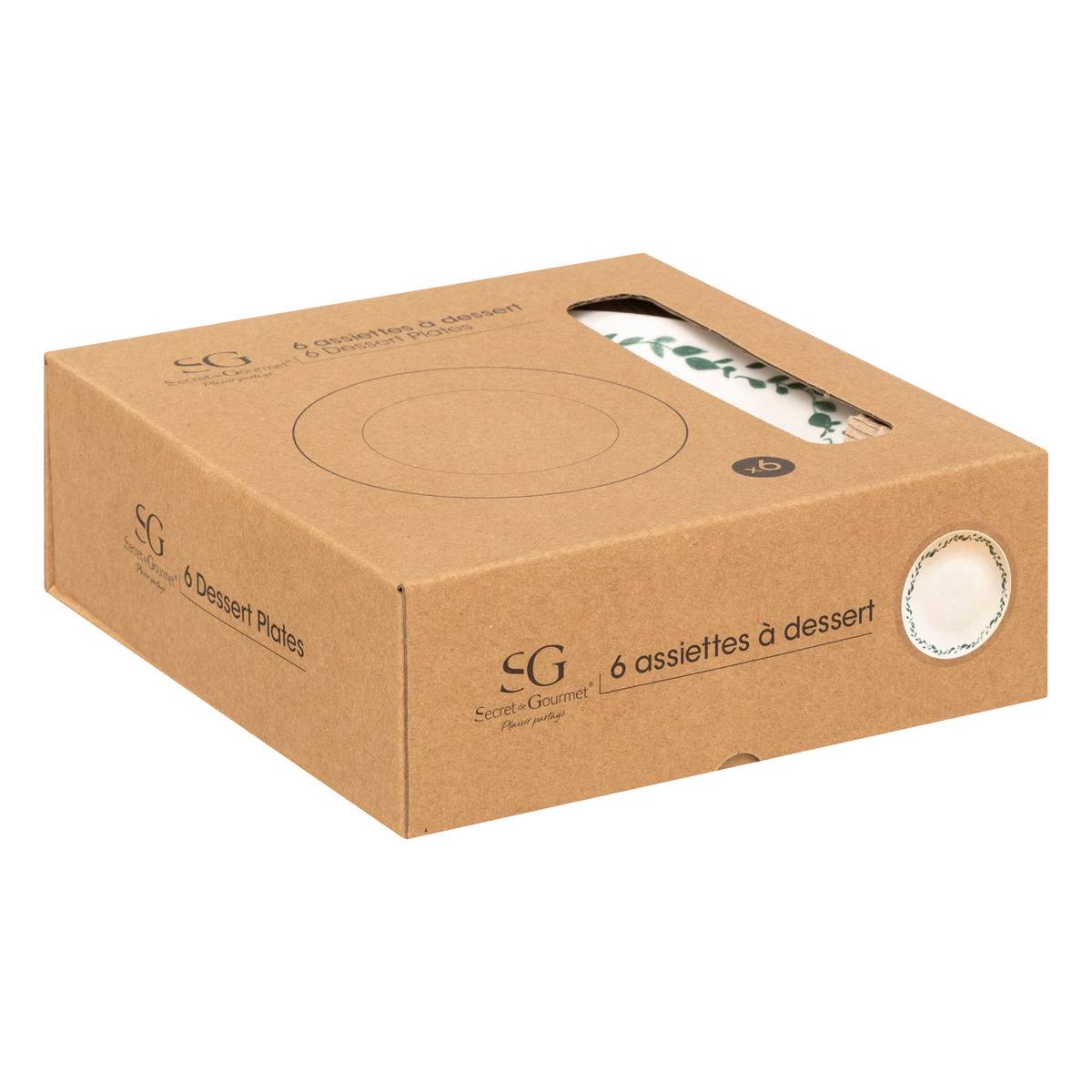 Lot de 6 assiettes à dessert en porcelaine LAURIER blanc, SECRET DE GOURMET