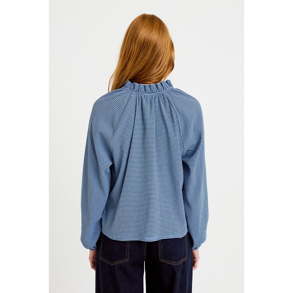 Blouse col montant manches longues bleu, CACHE CACHE