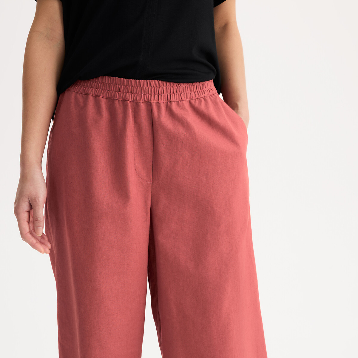 Pantalon large 7/8ème en lin et coton à taille élastiquée rouge brique, ANNE WEYBURN