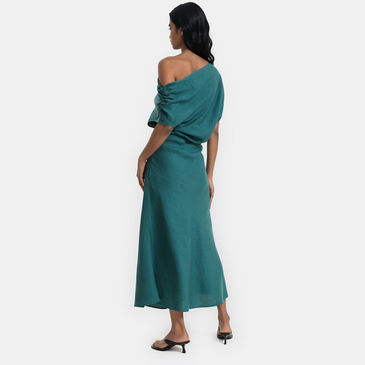 Abito midi drappeggiato con colletto asimmetrico verde smeraldo, LA REDOUTE COLLECTIONS