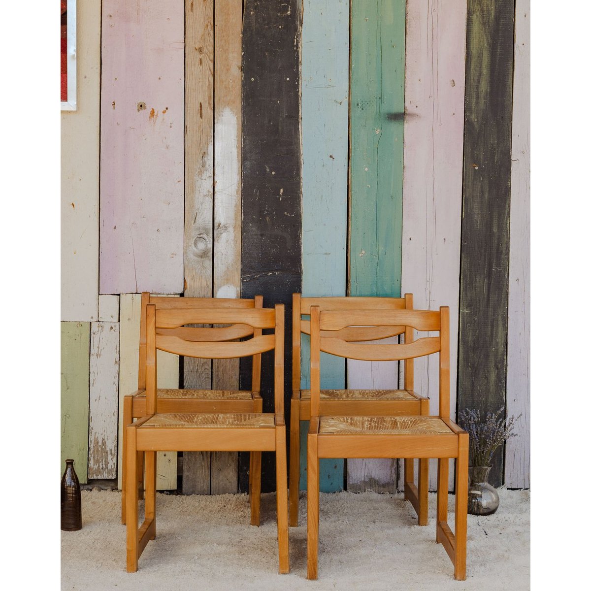 Lot de 4 chaises en bois et paille Claude N°1388 - Bon état bois clair, DEBONGOUT