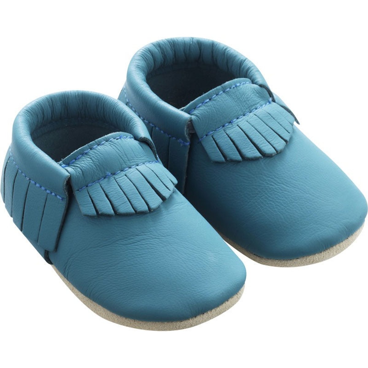 Chaussons cuir souple à franges bleu, TICHOUPS