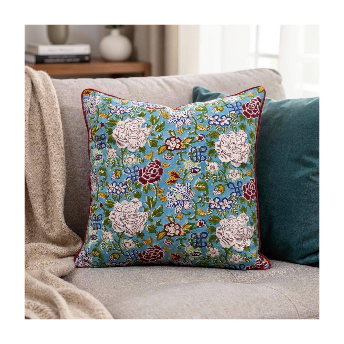 Housse de coussin Jade bleu clair, bordeaux, ambre, ARCHIV