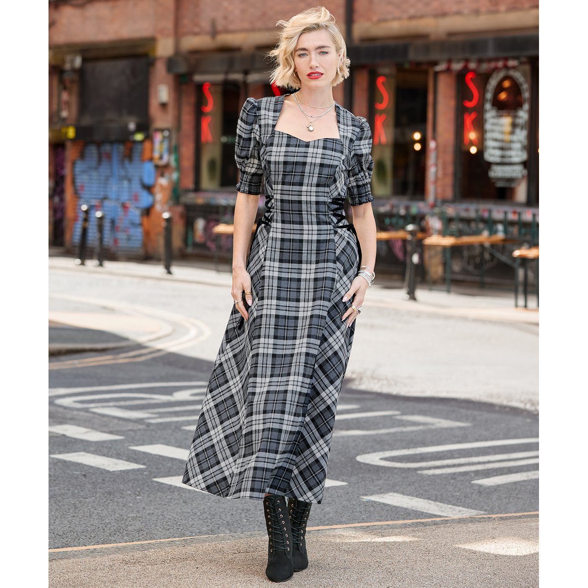 Robe Longue à Carreaux Lacée sur les Côtés Luna noir, JOE BROWNS