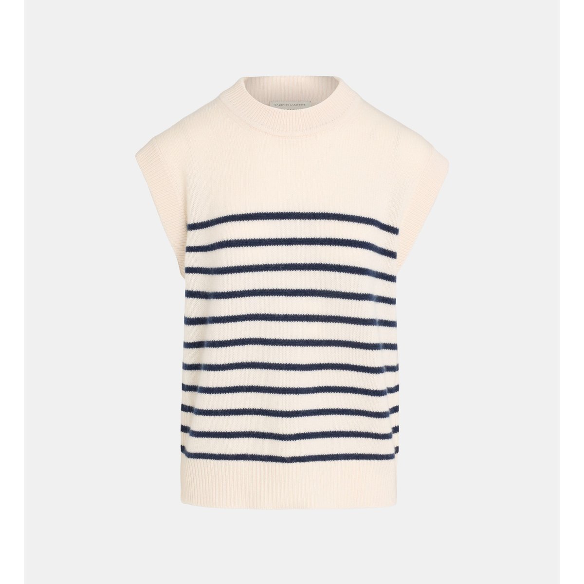 Pull marinière sans manches folal rayé en cachemire écru et bleu, GALERIES LAFAYETTE