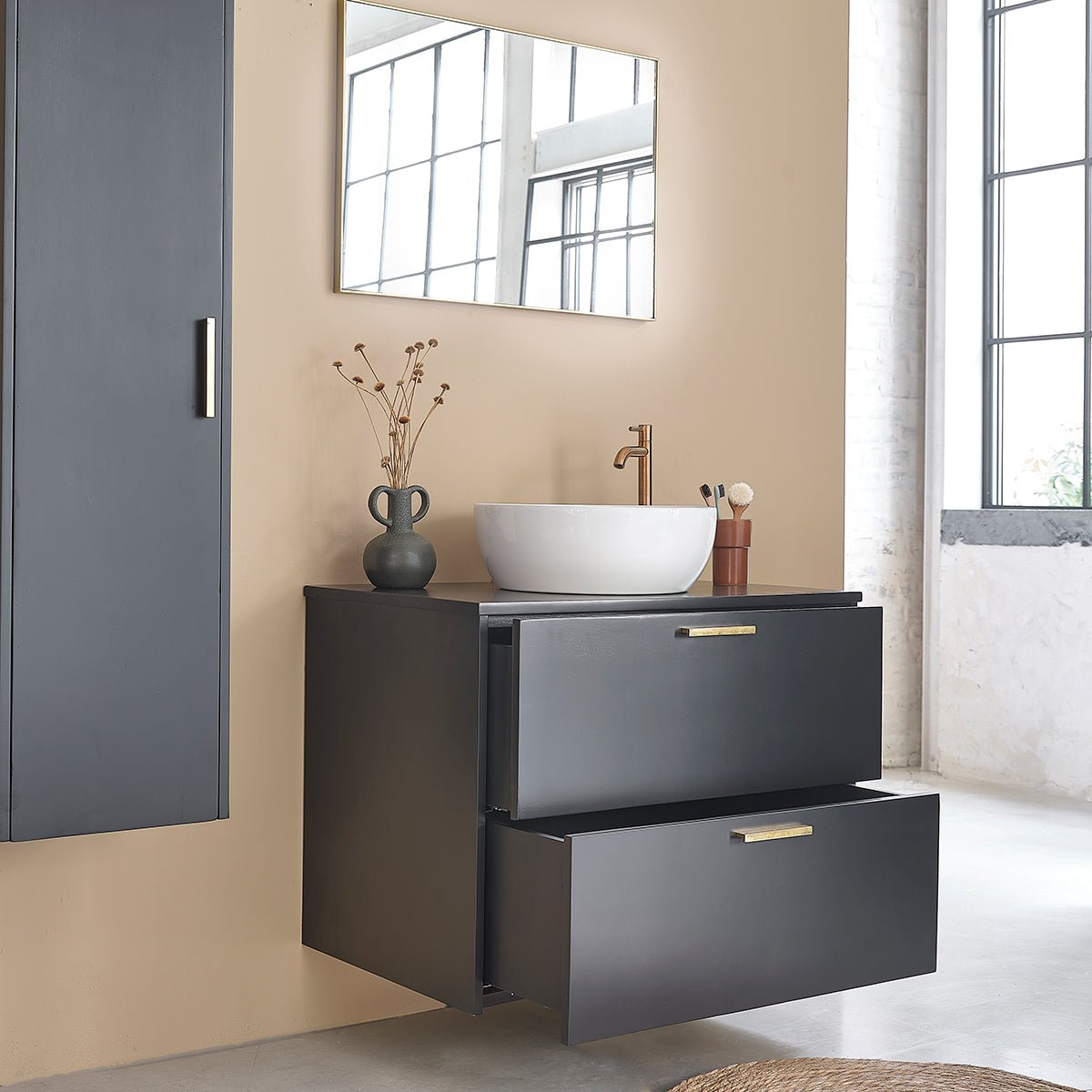 Meuble de salle de bain en bois d'acacia 80 cm LUNA noir, BERAH GETAH