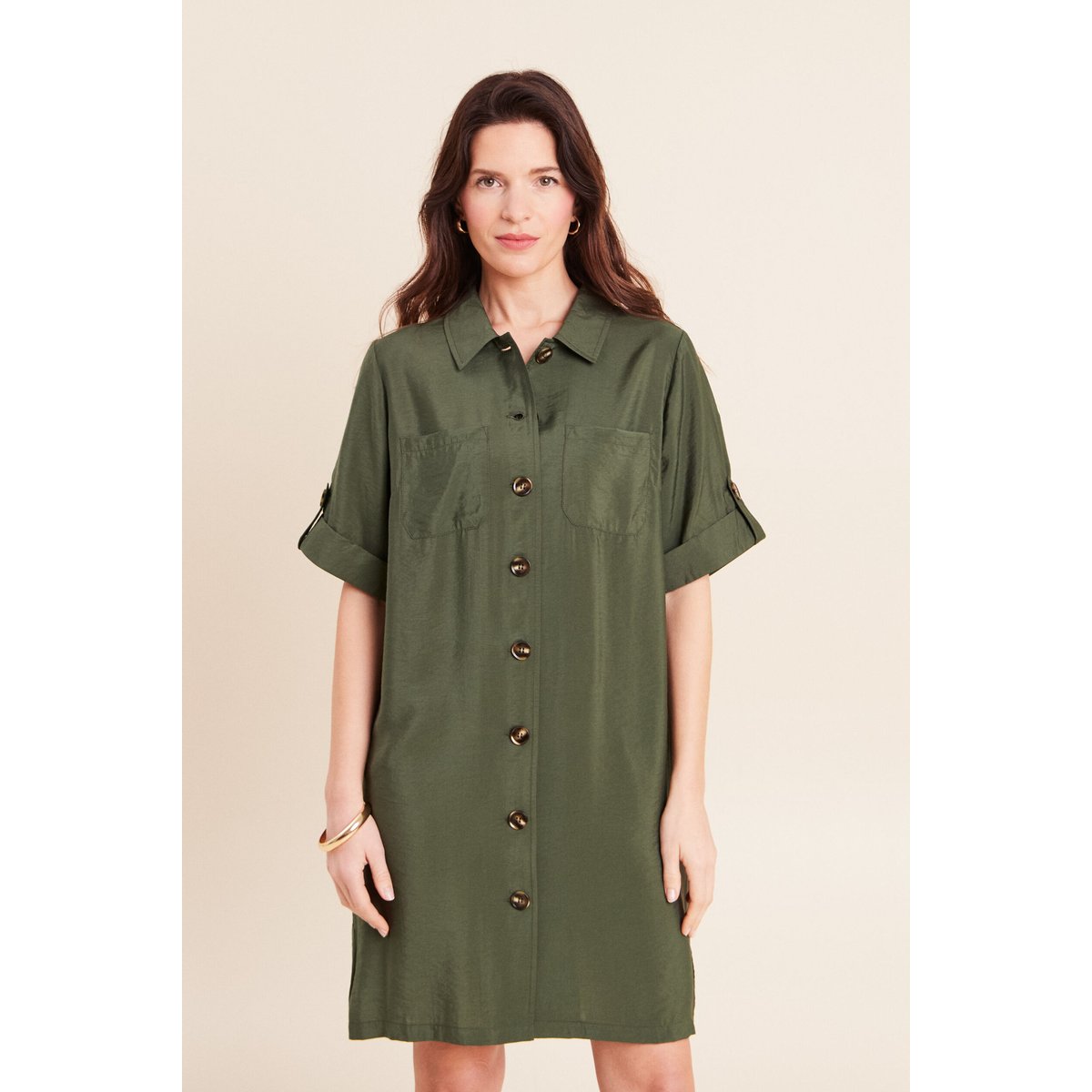 Robe droite courte col chemise vert kaki, BREAL