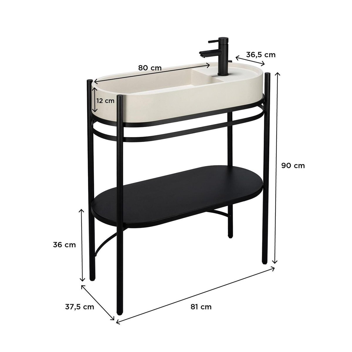 Meuble simple vasque sur pieds 80cm métal noir, vasque béton et robinet LUCIA beige, MOB IN
