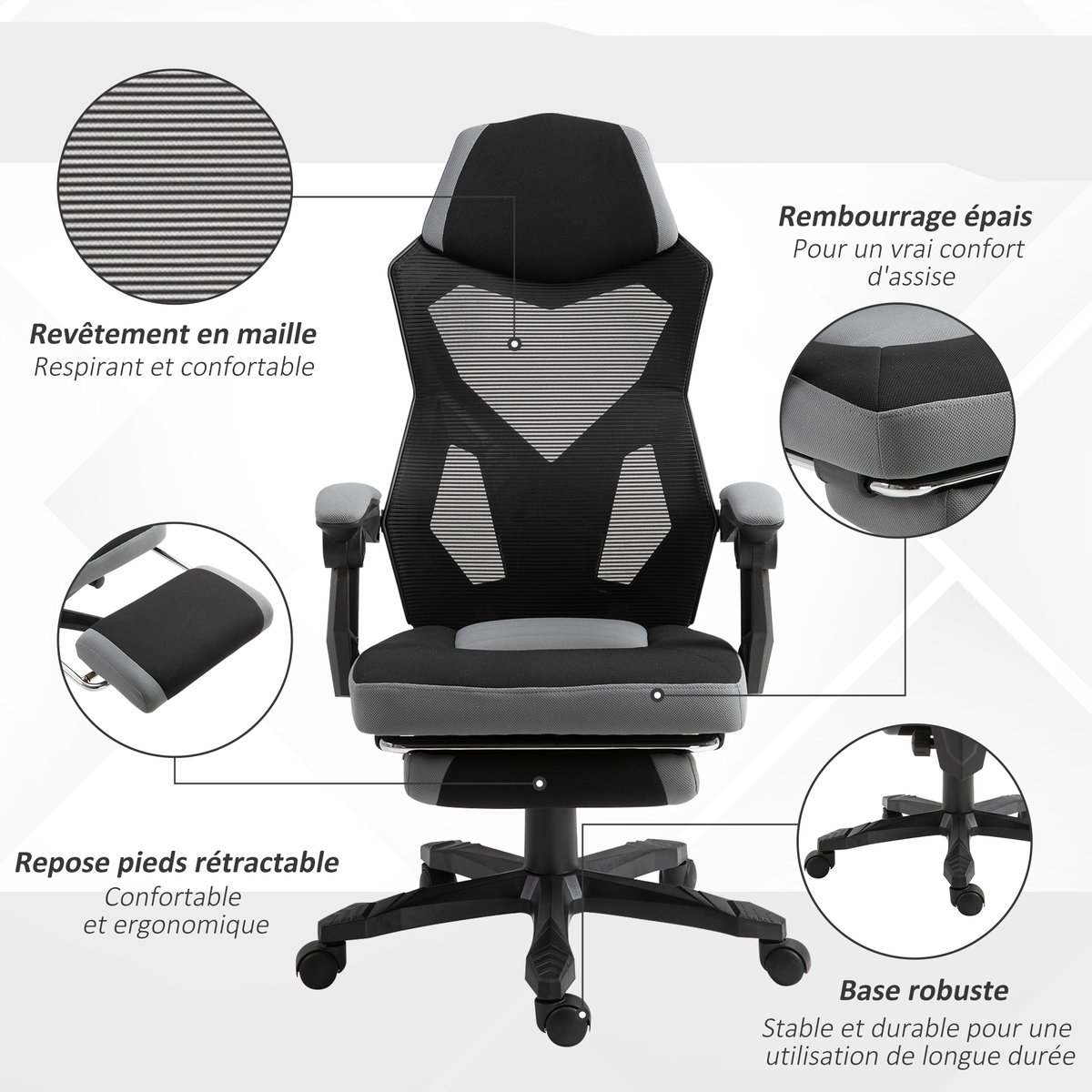 Chaise de bureau Tissus Gris gris et noir, HOMCOM