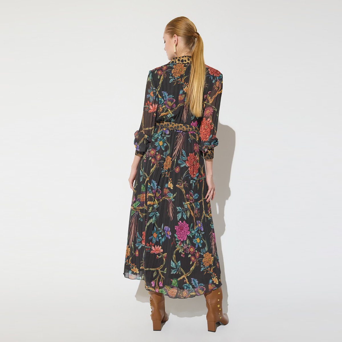 Robe midi plissée imprimée floral léopard marron foncé, LOLA CASADEMUNT