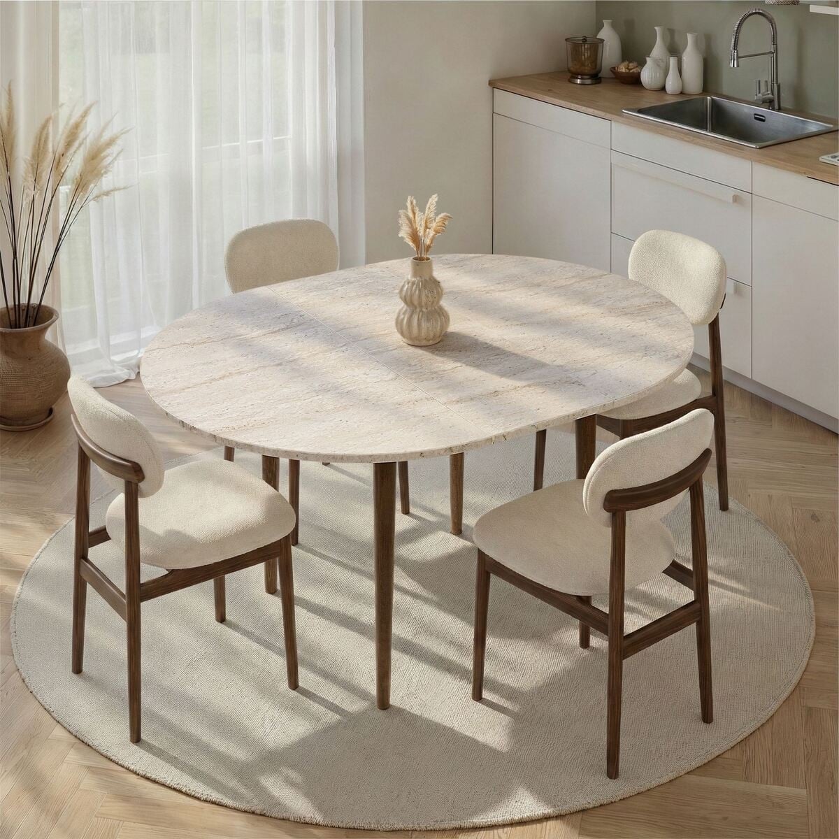 Table à manger ronde extensible KLARA travertin/ noyer, CALICOSY