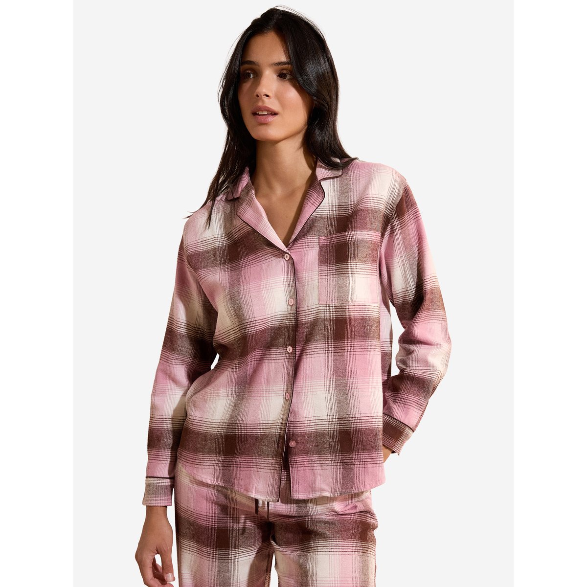 Chemise de pyjama à carreaux en coton HELINE rose poudre, ETAM