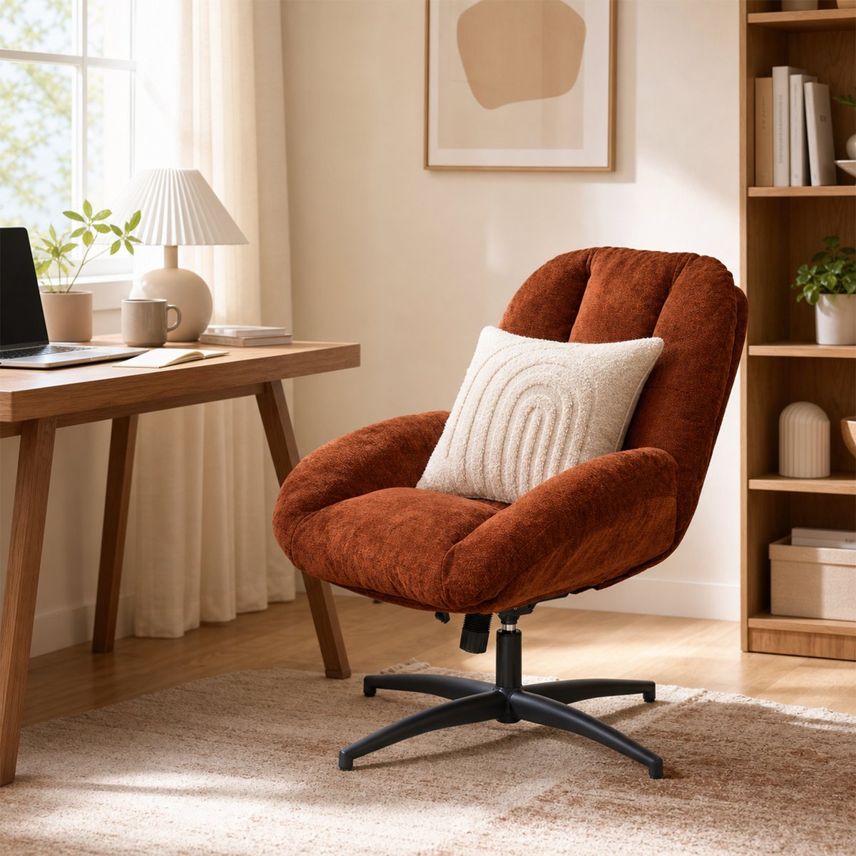 Chaise de bureau pivotante avec dossier inclinable en chenille, LITHOPSFIX CHENILLEO rouge, MEUBLES COSY