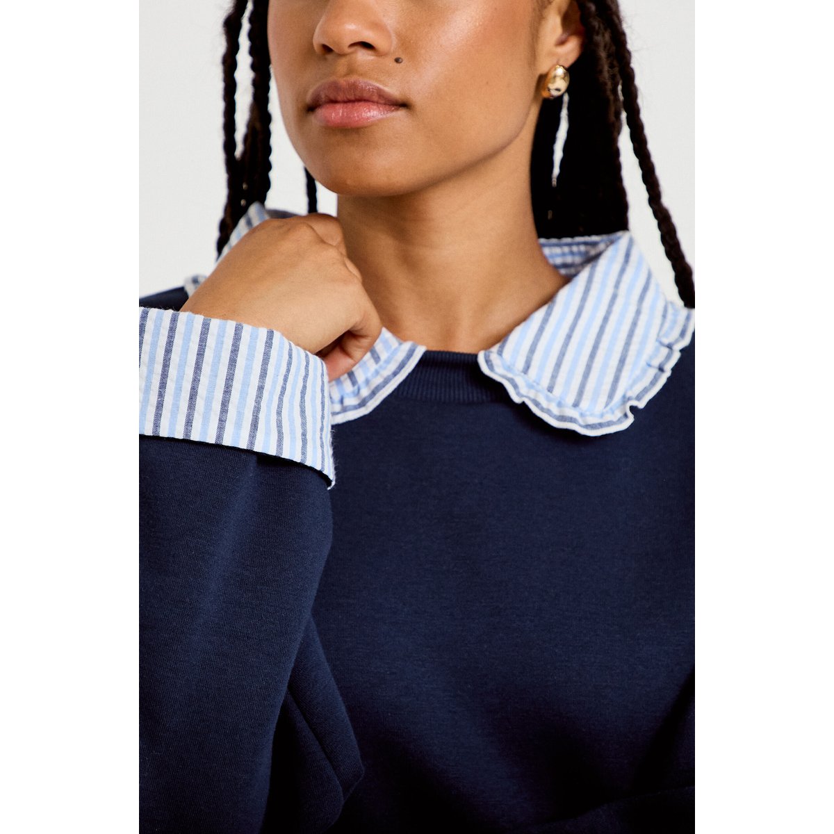 Sweat col chemise manches longues bleu marine, CACHE CACHE