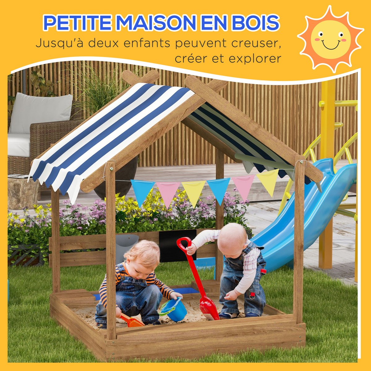 Bac à sable pour enfants Bois de sapin Marron marron, OUTSUNNY