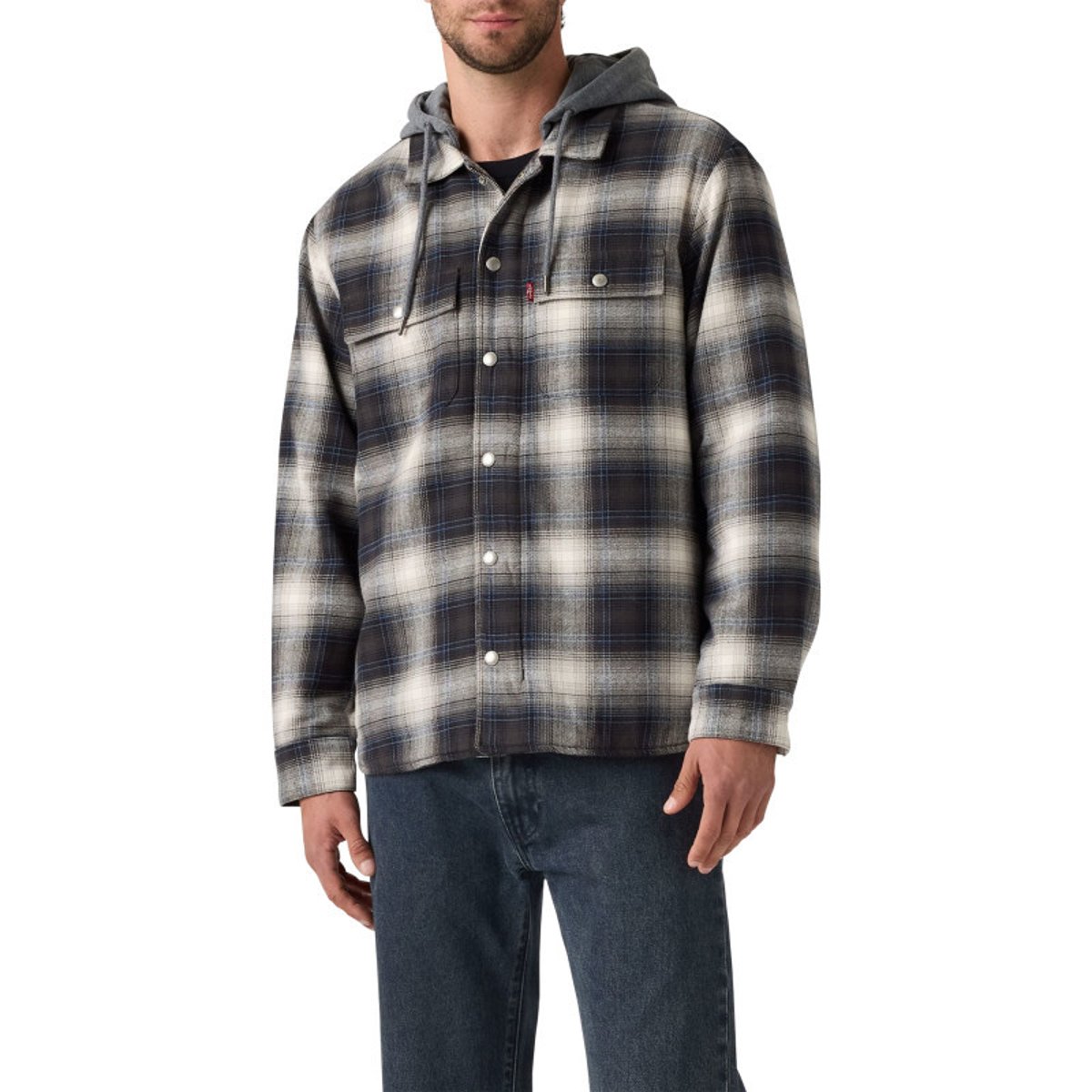 Surchemise en coton anthracite à motif écossais pourvue d'un col à capuche anthracite, LEVI'S