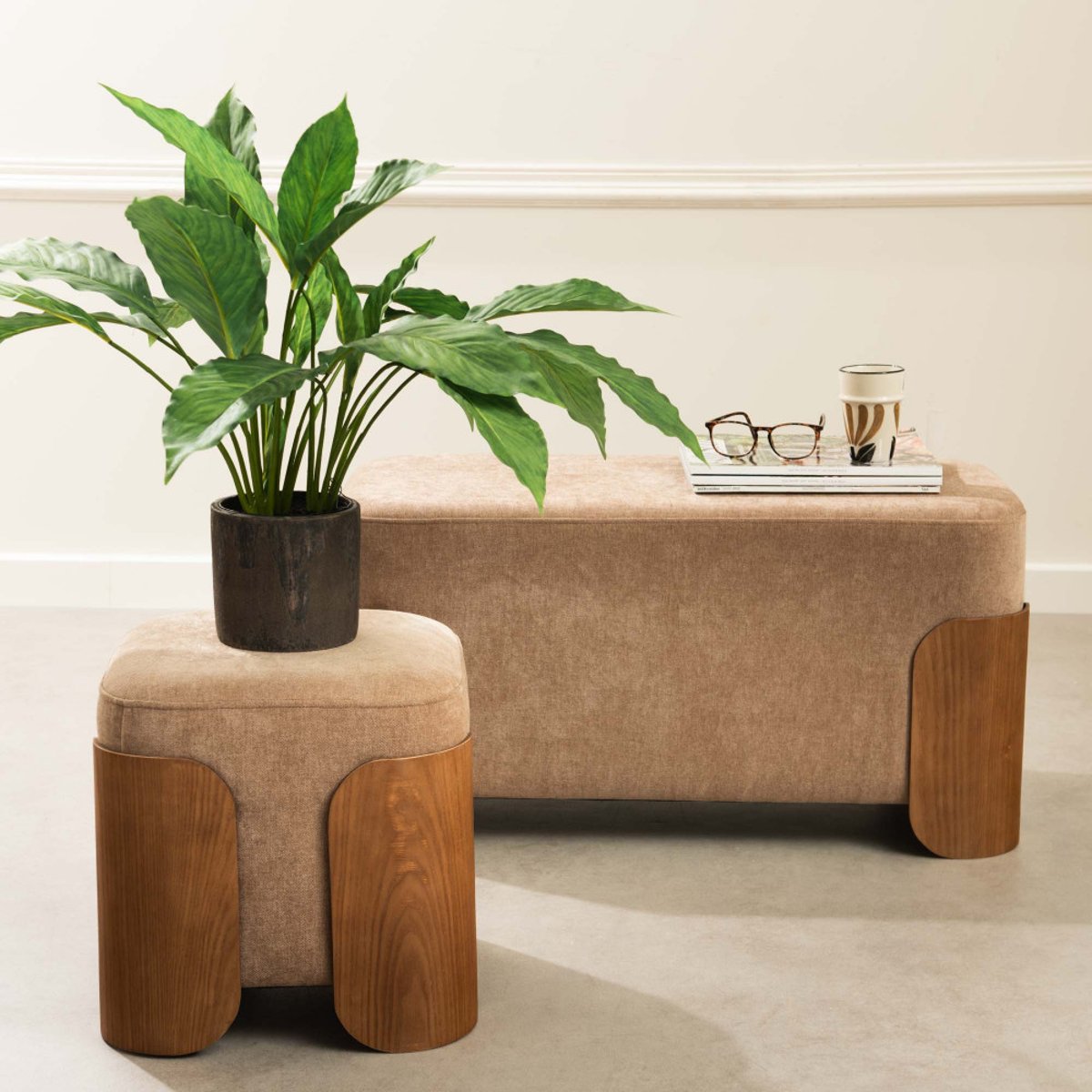 Banc en tissu café et bois L80 cm Aubépine marron, AMADEUS