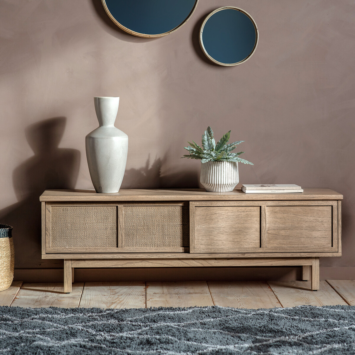 Bharhut Japandi Panelled Rattan TV Unit wood, ÉDITÉ