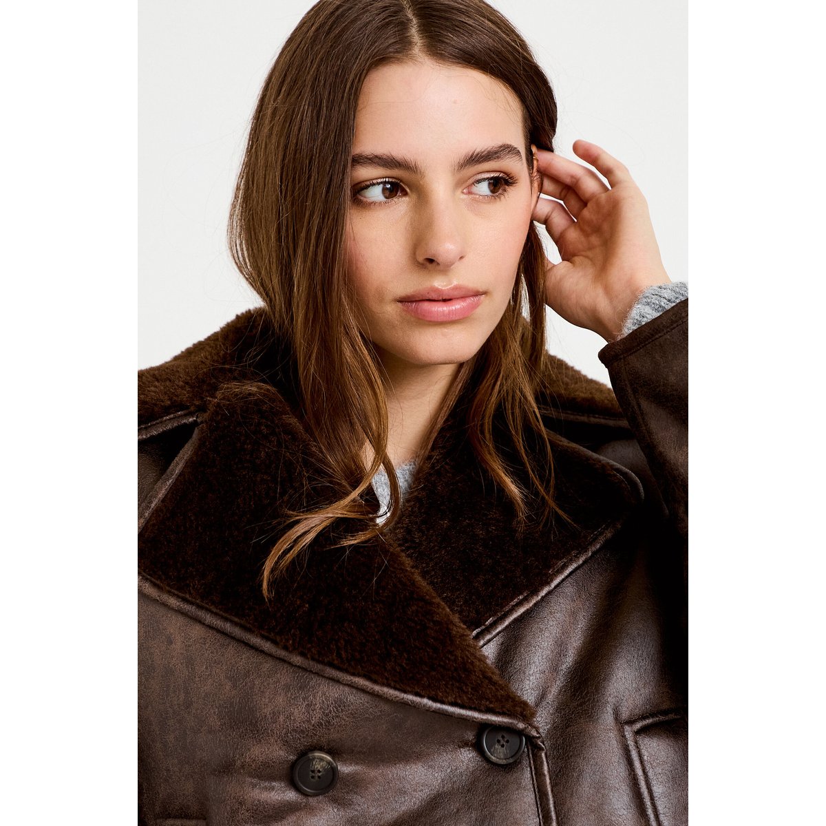 Caban cropped droit col tailleur marron foncé, CACHE CACHE