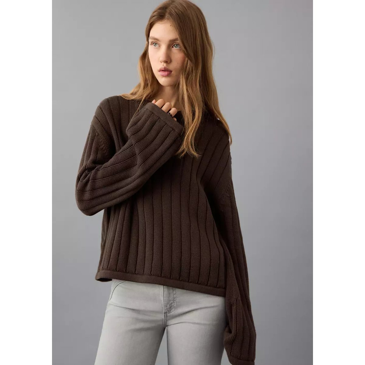 Pull-over maille côtelée marron, MANGO TEEN