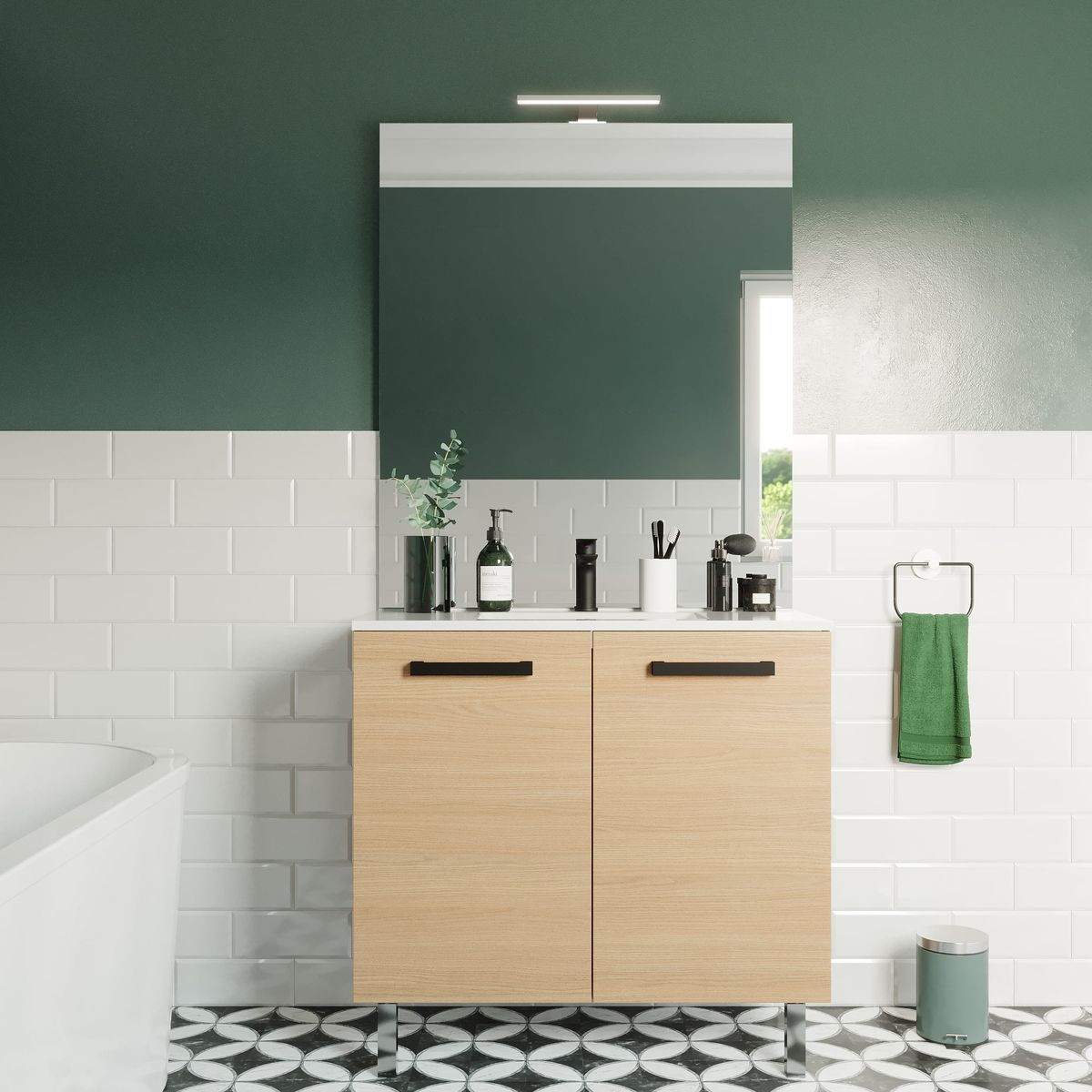 Meuble salle de bain vasque intégrée 2 portes + miroir - CHELSEA chêne clair, HOMIFAB