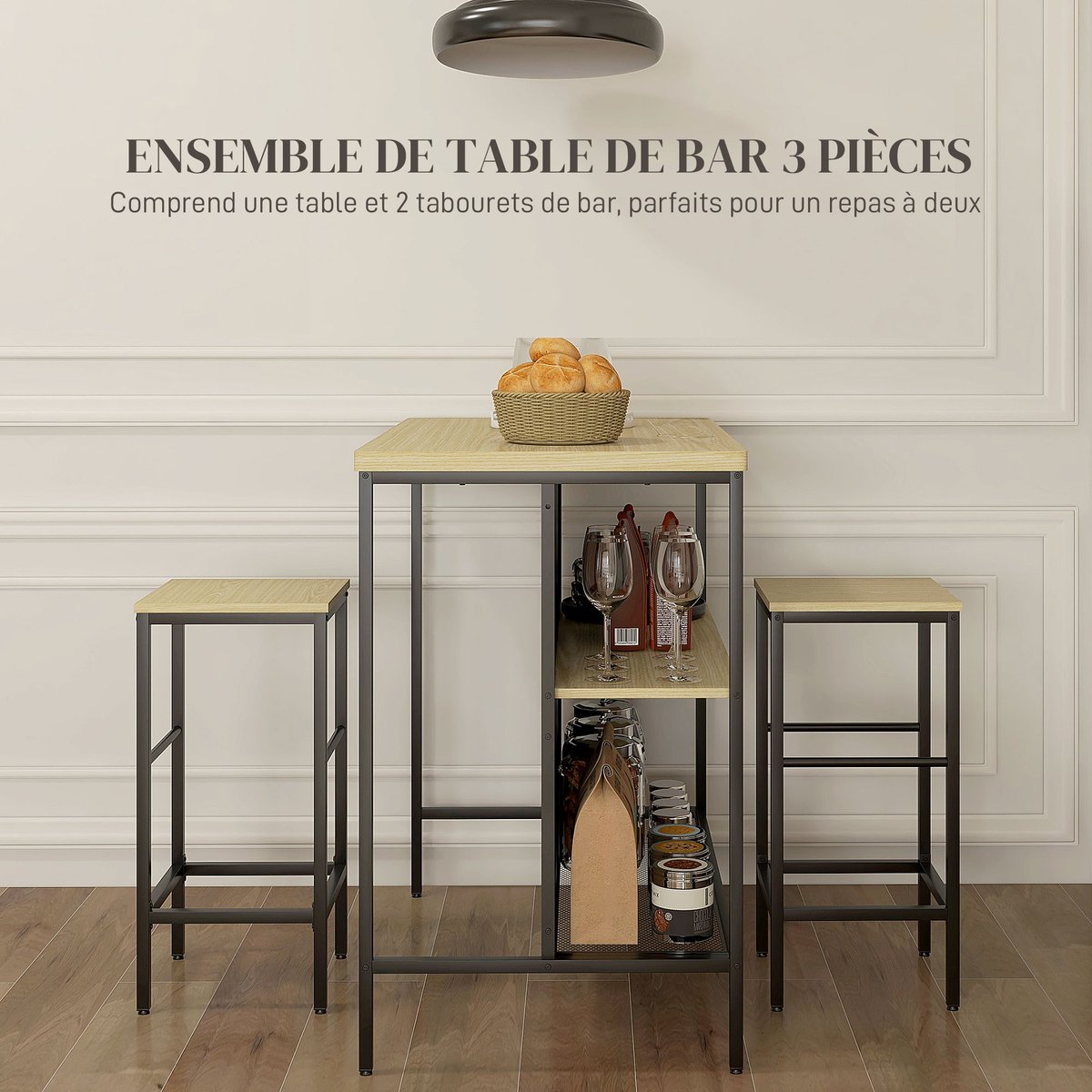 Ensemble de table de bar MDF Bois naturel bois naturel, noir, HOMCOM
