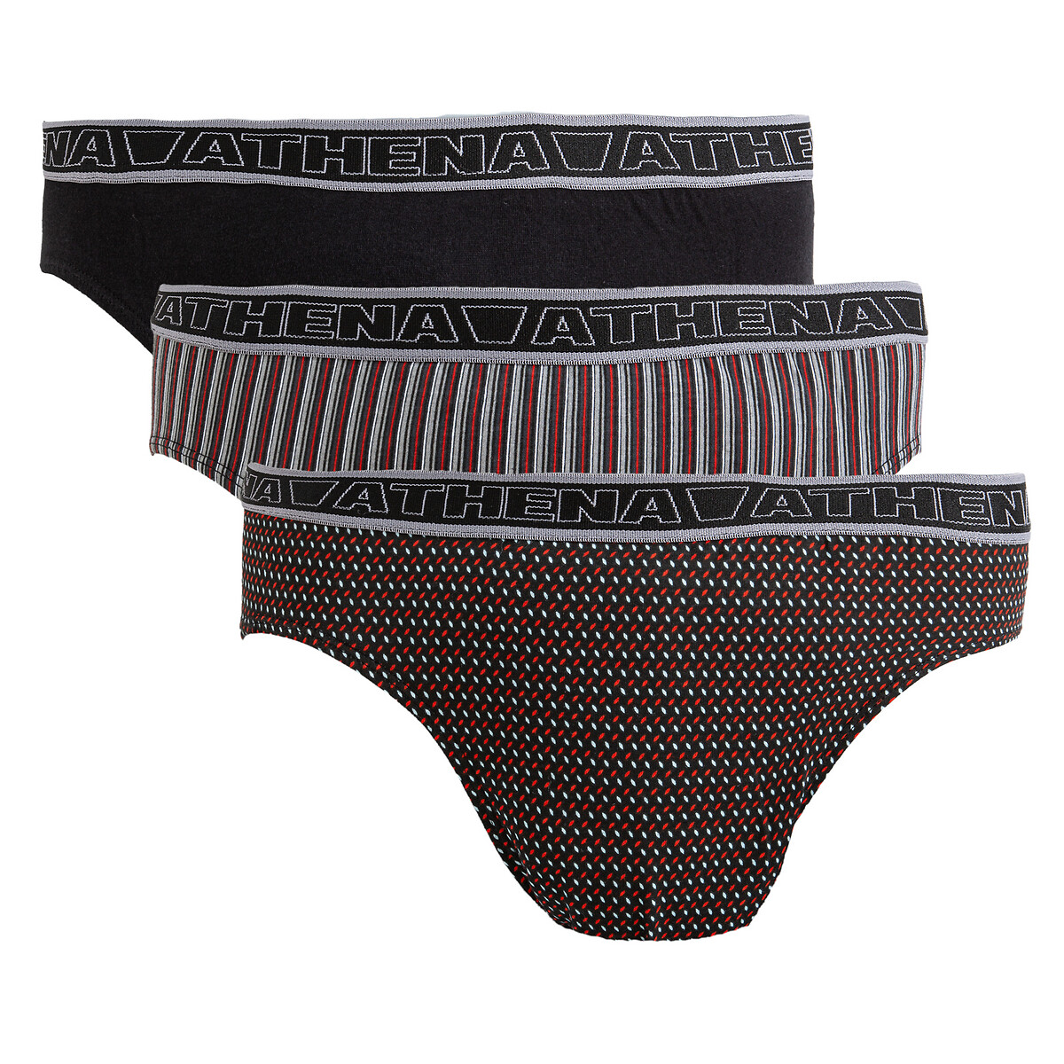 Lot de 3 slips pur coton, TONIC rayé rouge + imp rouge + noir, ATHENA