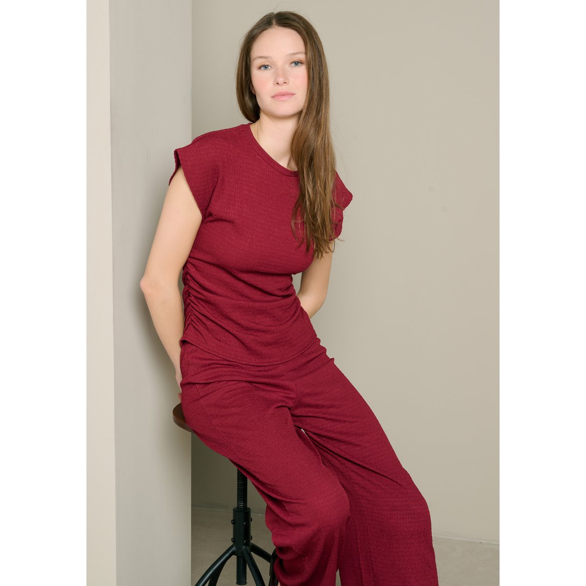 Top texturé drapé bordeau wine, LOLALIZA