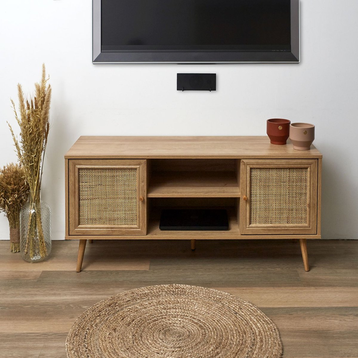 Meuble TV 2 niches et 2 portes en cannage BALI marron, TOILINUX