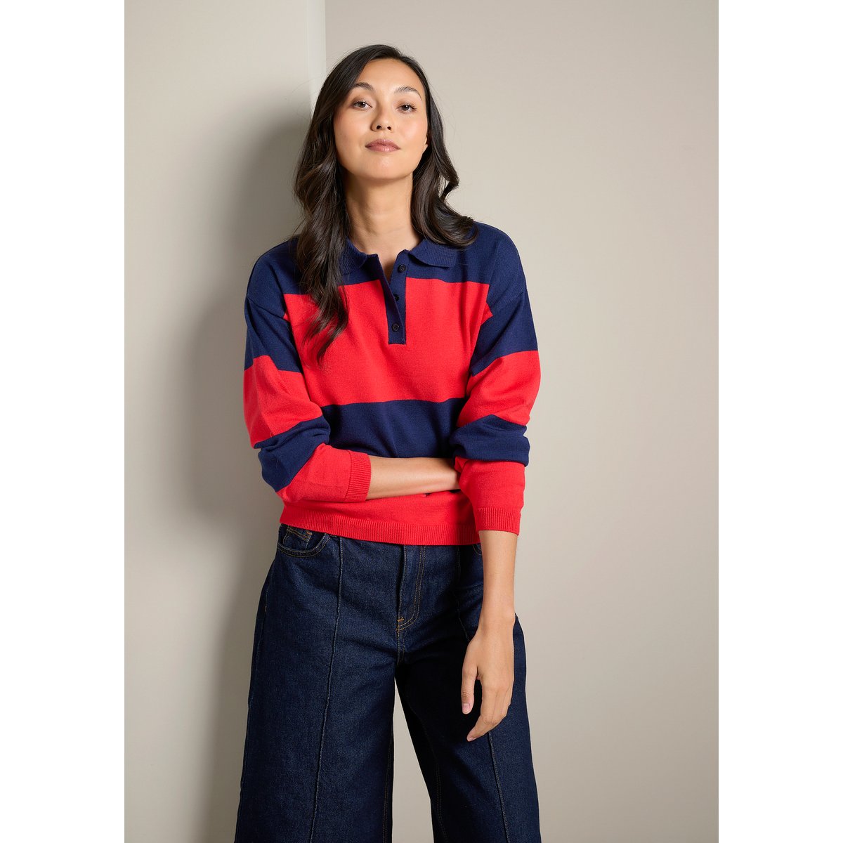 Pull rayé col polo à bouton bleu marine, LOLALIZA