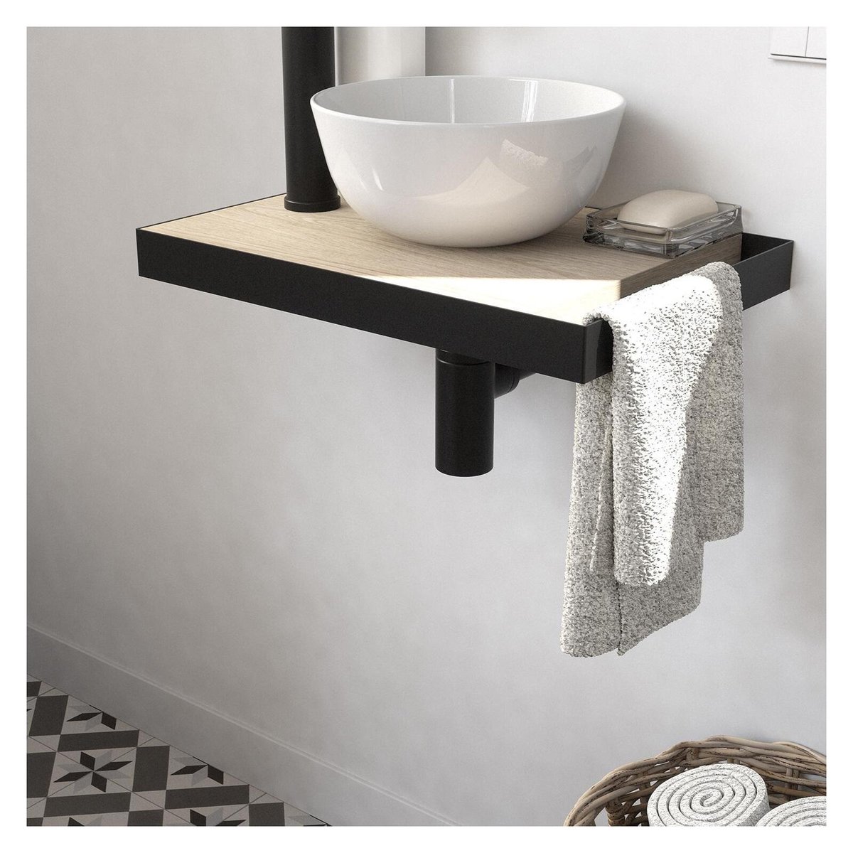 Lave-mains fin +vasque+robinet+miroir SOHO décor chêne, MOB IN